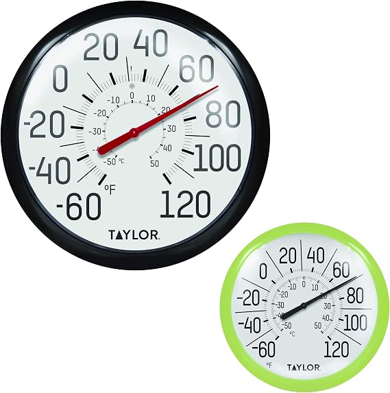 Taylor Indoor/Outdoor Big & Bold Dial Wall Thermometers, Set of 2, Black and Green