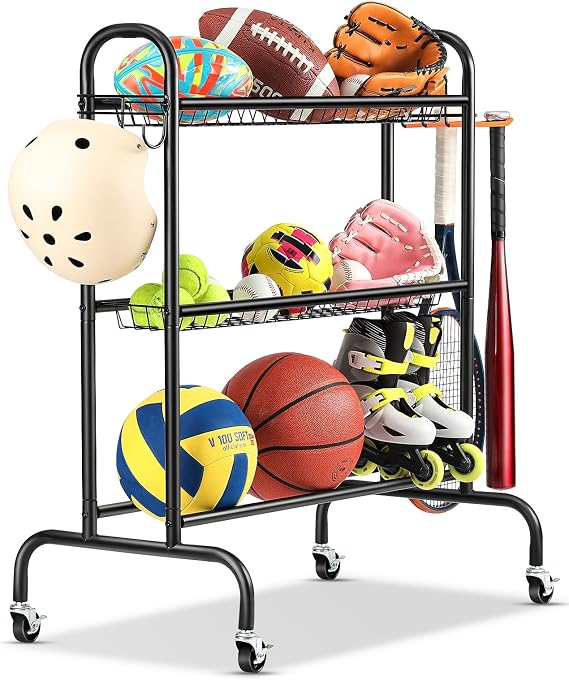 EXTCCT Ball Storage Rack, 3-Tier Rolling Sports Equipment Trolley, Black