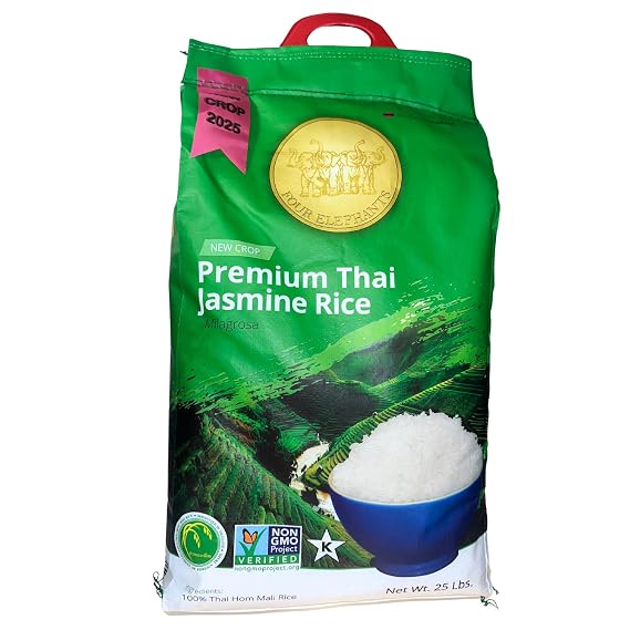 25 Pounds (LBS) Premium Thai Hom Mali Jasmine Rice | Endorsed By Pro Chefs | Four Elephants Brand | DIY Friendly Cooking Instructions Packaging