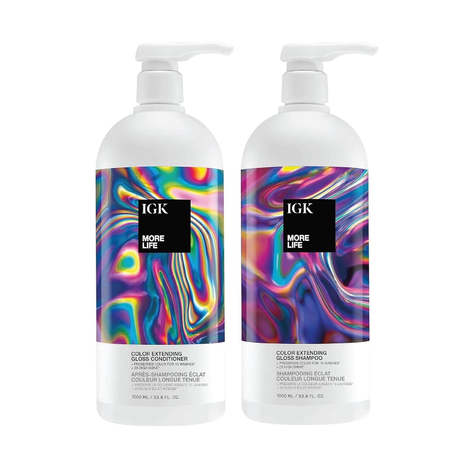 IGK MORE LIFE Color Extending Gloss Shampoo and Conditioner Set | Preserves Color Treated Hair | UV Protection | Vegan  Cruelty-Free | 1 Liter