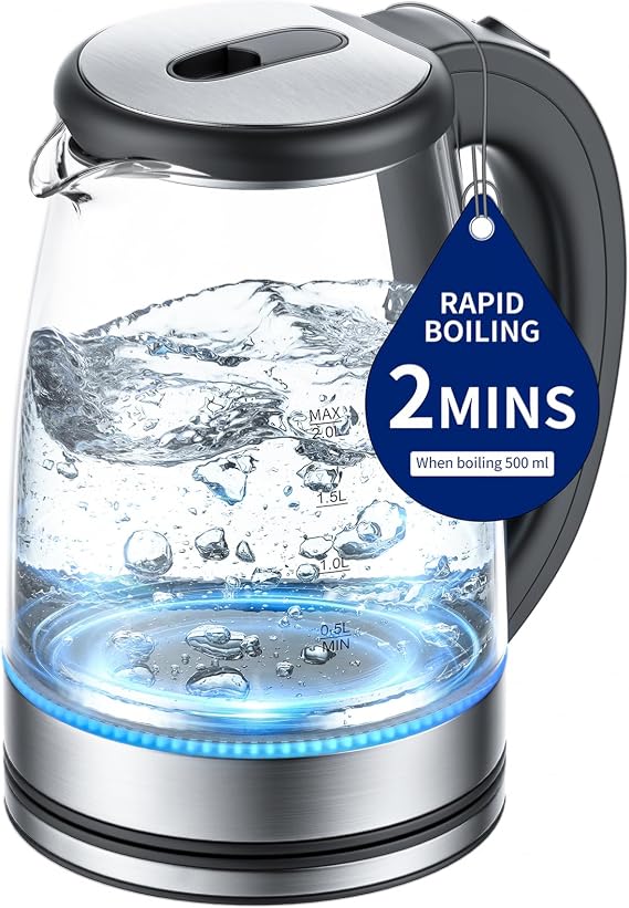 Electric Kettle Glass 2L, 1500W Fast Boiling Hot Water Boiler with Auto Shut-Off, LED Light, BPA-Free, Borosilicate Glass, Stainless Steel Interior, Wide Opening, Cordless Tea Kettle