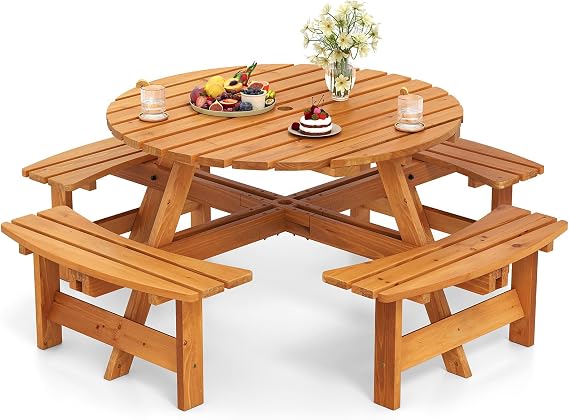 GIANTEX 8-Person Round Picnic Table Set with 4 Benches, 550 LBS Bench Capacity, 2" Umbrella Hole, Circular Outdoor Wood Dining Table & Chairs for Patio Yard Garden Porch Deck (71x71x28,Yellow)