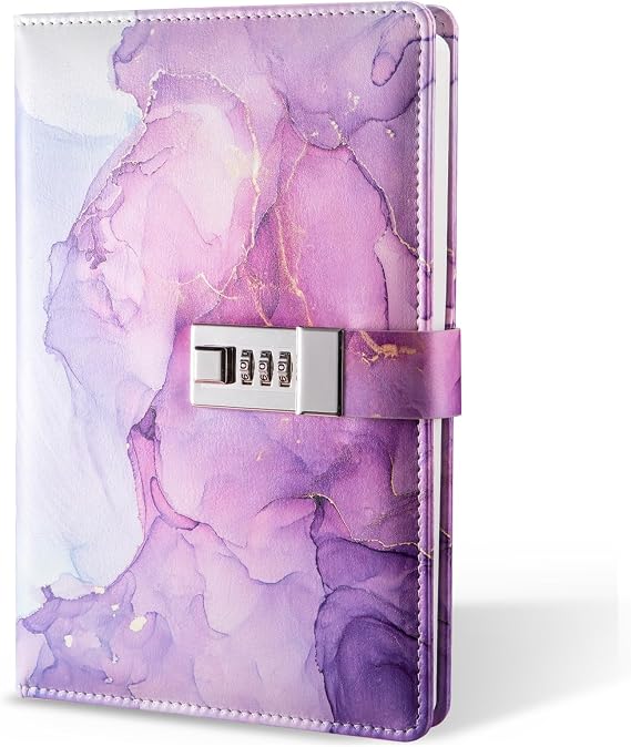 Diary with Lock, A5 Lockable Journal, PU Leather Combination Lock Diary, Lock Diary Planner Organizer for Men and Women, Office Product 8.6 x 5.9 in- Purple