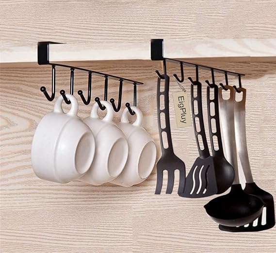 2pcs Mug Hooks Under Cabinet Cups Storage Hook Multifunction Self Adhesive Coffee Cups Holder Kitchen Utensil Ties Belts Scarf Hanging Rack,Black