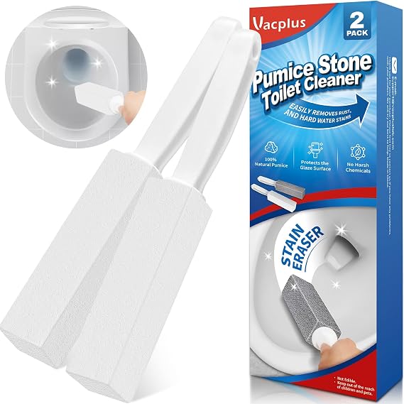 Vacplus Toilet Brush, 2 Pack, 100% Pumice Stone, Long Handle | Toilet Bowl Cleaner, Pool, Bathroom Sink, Removes Limescale Rust