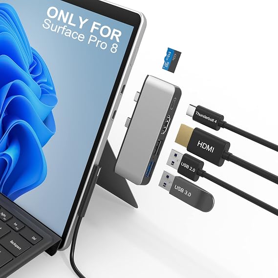 Docking Station for Surface Pro 8 with 4K HDMI, USB-C Thunerbolt 4 (Display+Data+PD Charging), USB 3.0, USB 2.0, TF Card Slot, Triple Display (Pro 8+HDMI+USB C) USB Hub for Pro8