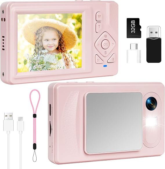 Digital Camera 4K - 48MP UHD Compact Digital Camera with 2.8 Inch LCD Screen and 18X Digital Zoom Anti-Shake Photography Vlogging Camera with 32GB SD Card for Children Students Beginners Teen (Pink)