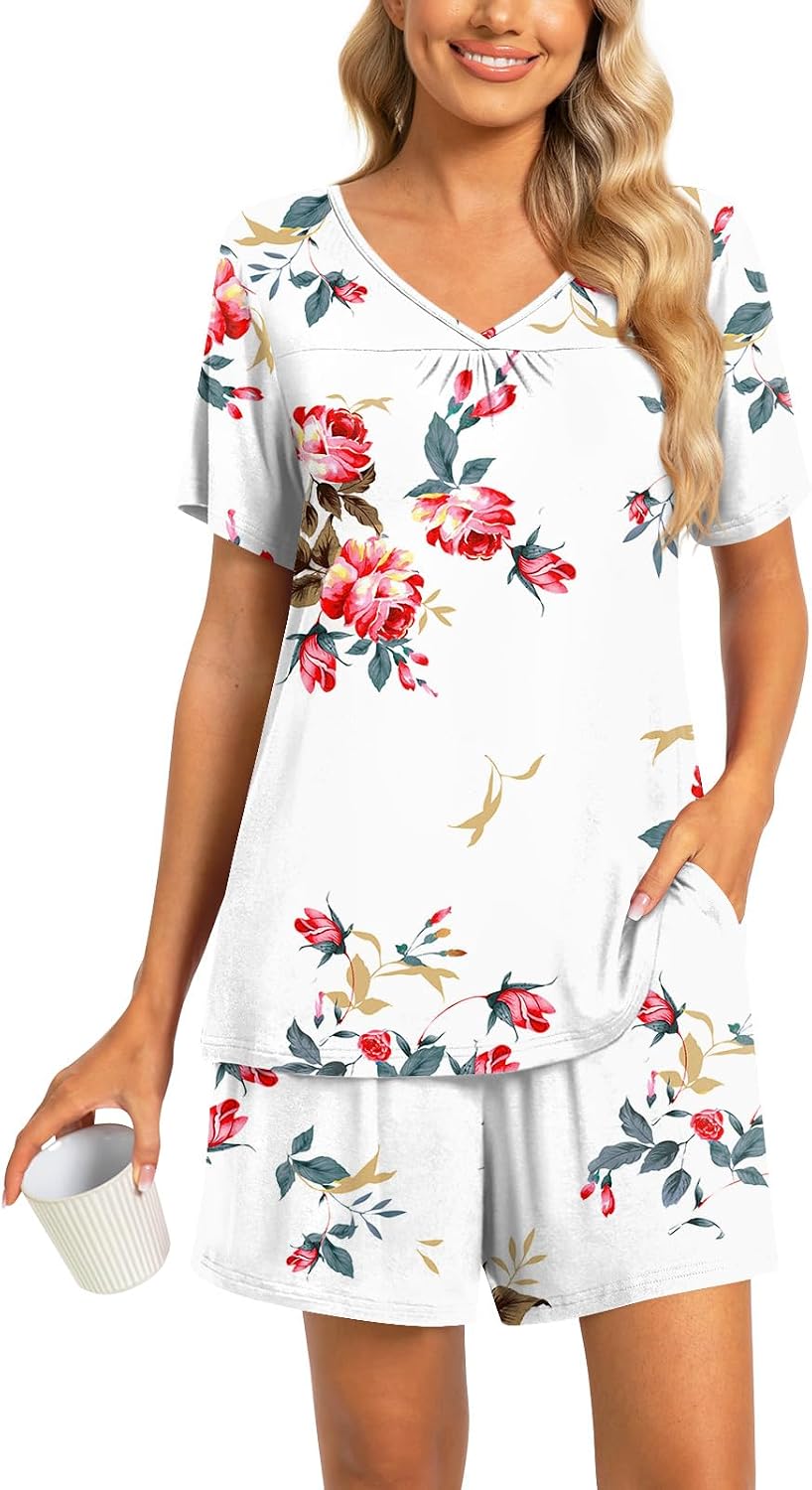 2 Piece Womens Short Sleeve Pajama Sets, Lounge Sleepwear Ladies Pjs Sets with Pockets M-3XL