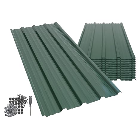 Harbour Housewares 14-Pack Corrugated Metal Roofing Sheets - Green - Galvanised Steel Waterproof Rust-Resistant Heavy Duty Panels 110x46cm for Shed Outbuilding Shelter Roof Repair