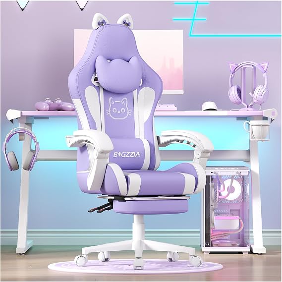 Bigzzia Gaming Chair Cute with Cat Ears and Massage Lumbar Support, Ergonomic Computer Chair for Girl with Footrest and Headrest (Purple) | Massage Lumbar Support, Reclining Range 90°-155° with Footrest for Nap, Gifts for Women Girls