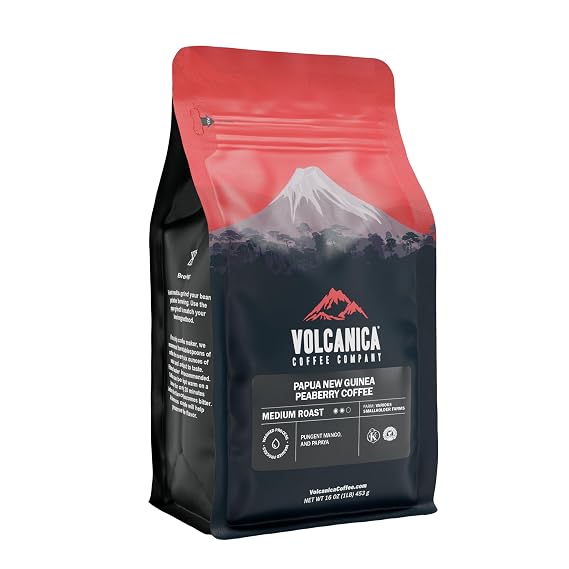 Papua New Guinea Peaberry Coffee, Ground, Medium Roast, Fair Trade, Fresh Roasted, 16-ounce