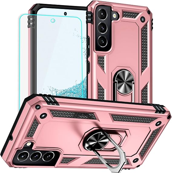 for Galaxy S22 Case: Samsung Galaxy S22 Case with HD Screen Protector - Military Grade Protective Cases with Ring for Samsung S22(Rose Gold)