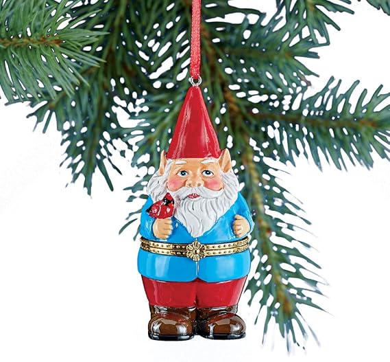Collections Etc Hand Painted Trinket Christmas Ornaments with Opening Compartment for Small Gifts, Gnome