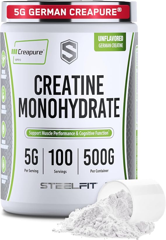 SteelFit Creapure Creatine Monohydrate Powder, Unflavored, 100 Servings | German Creatine Powder for Men, Women - Gym Workout Nutritional Supplements for Muscle Gain, Brain Health & Strength Building