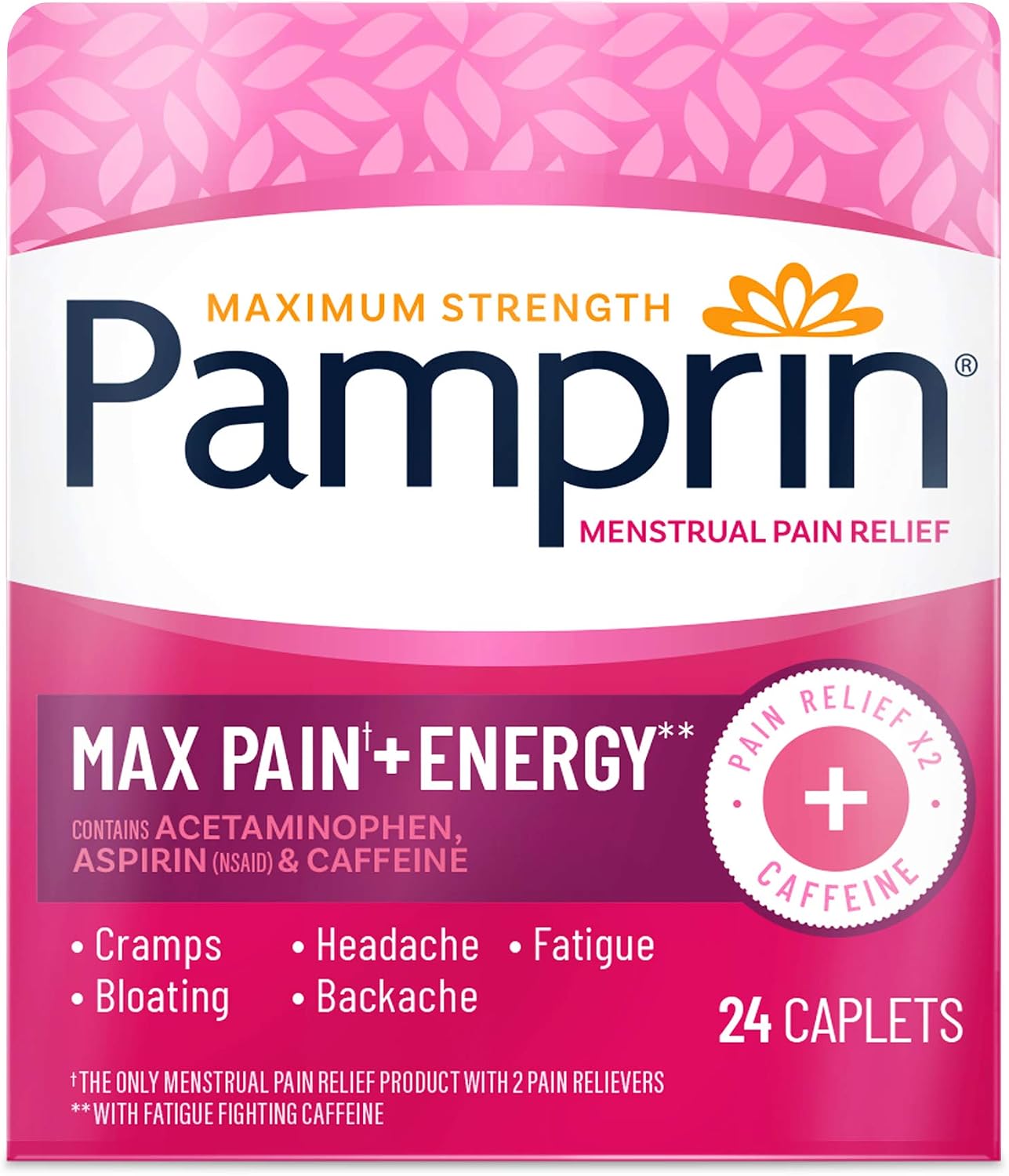 Pamprin Maximum Strength Max Formula, with Acetaminophen, Menstrual Period Symptoms Relief for Cramps, Headache, Pain and Bloating, 24 Caplets