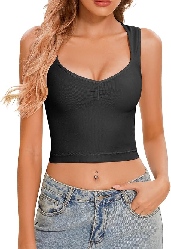 CHYRII Womens Square V Neck Tank Tops Sleeveless Summer Going Out Workout Yoga Basic Crop Tops