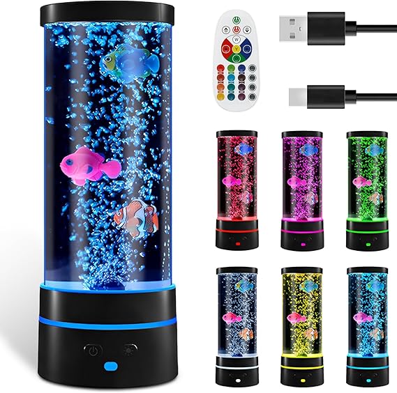 Fish Bubble Lamp, LED Mood Light with Remote Control, Aquarium Sensory Light with 7 Color Changing Modes, USB Chargable Fish Lava Lamp for Bedroom Kids Playroom, Living Room and Office Decoration [Energy Class A]