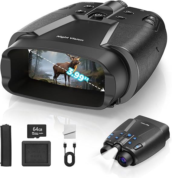 Gece Görüş Gözlükleri - 4.9 inç HD Ekranlı 4K Gece Görüş Dürbünleri, 10000mAh Şarj Edilebilir ve Yaban Hayatı Gözlemi, Kamp, Gözetim için 64 GB Kart Dahil