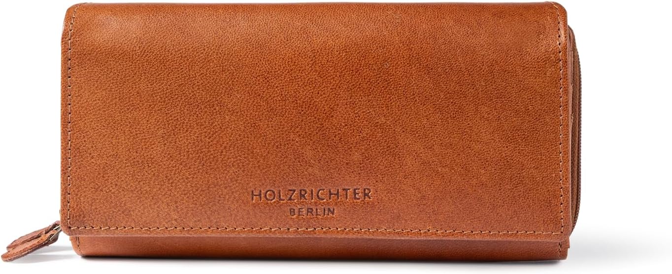 HOLZRICHTER Berlin Large women's leather wallet (No 9-1) vintage 10 x 19 x 3 cm elegant wallet with 13 card slots 2 banknote compartments and central coin compartment purse in cognac