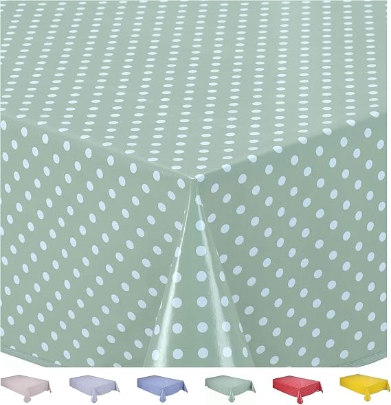 Rectangular Oilcloth PVC Wipe Clean Tablecloth 140cm x 180cm 55x70 Small Polka Dot Sage Green
