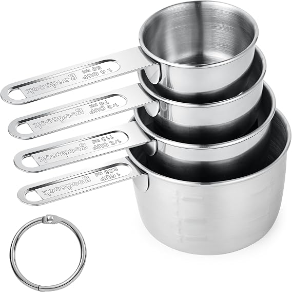 Measuring Cups 4 Pieces, Stainless Steel Measuring Cups, Stackable Design with Metal Handle for Dry and Liquid Ingredients, Ideal for Cooking &
