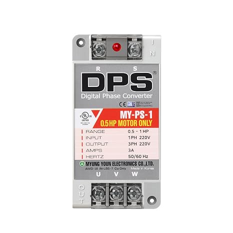 DPS Single to 3 Phase Converter, My-PS-1 Model is Used for a 0.5HP(0.4kW) 1.5Amps 200-240V 3 Phase Motor, Input/Output 200V-240V, UL/CE Certified