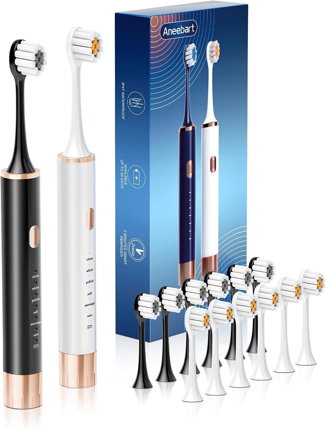 Sonic 2 Pack Electric Toothbrush for Adults and Kids, Travel Toothbrush Includes 12 Replacement Toothbrush Heads, 6 Modes with 2 MIN Smart Timer Black White