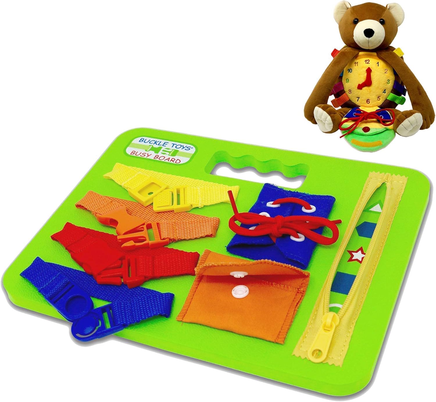 Buckle Toys - Billy Bear Backpack and Busy Board - Learn Life Skills - Travel Friendly