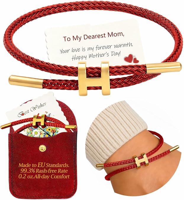 Red Bracelets for Women Trendy: Adjustable Non-tarnish Stainless Steel Rope Bracelet with DIY Card & Jewelry Pouch - One Size Fits All from Office to Party Wear - Mothers Day Gifts