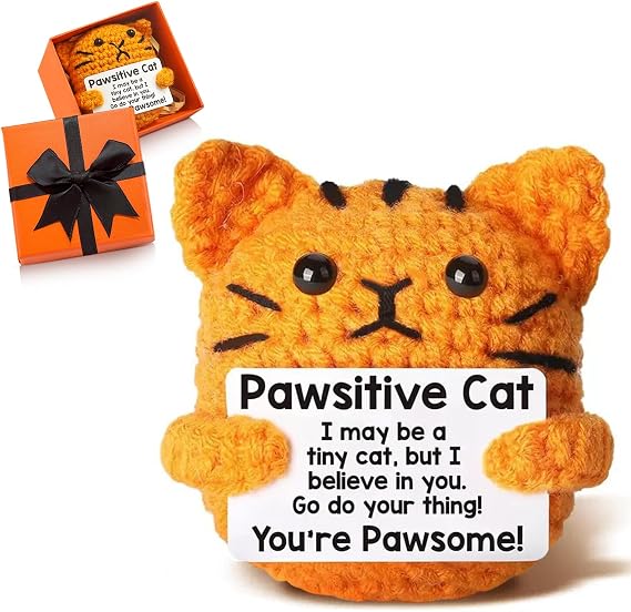 Handmade Emotional Support Crochet Positive Cat with Inspirational Cards in Gift Box, Pawsitive Knitted Gift Plush Doll for Cat Lover Women Men,Good Luck Present for Birthday, Office Home Desk Decor