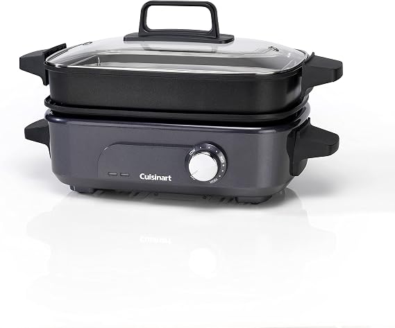 Cuisinart Cook in 5 in 1 Multi Cooker Grill, Sear, Steam, Simmer and Slow Cooker Non-Stick, Interchangeable Plates and Pans Stackable, Easy Storing Energy Efficient Midnight Grey