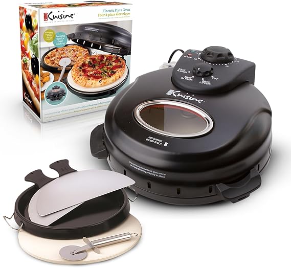Euro Cuisine PM600 Rotating Pizza Maker with 12 Inch Non-stick Ceramic Stone & Baking Pan, Indoor Countertop Electric Pizza Oven, Automatic Timer, View window, Ideal for frozen or take-n-bake pizzas