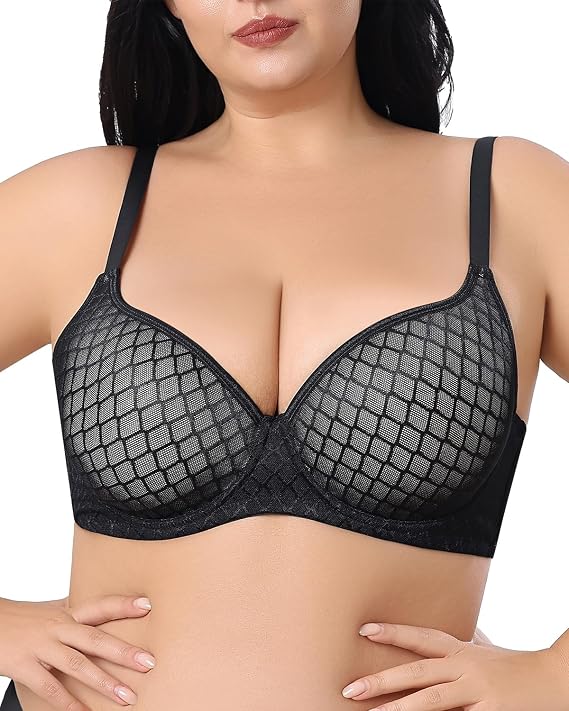 Womens Plus Size T-Shirt Bra Underwire Full Coverage Plunge V Neck Lightly Lined Molded Cups Lace Detail