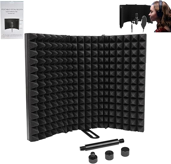Microphone Isolation Shield, Unfold 180° Foldable Studio Mic Sound Absorbing Foam Reflector Professional Shield for Tabletop Countertop Stand Microphone Recording Equipment Studio, Black