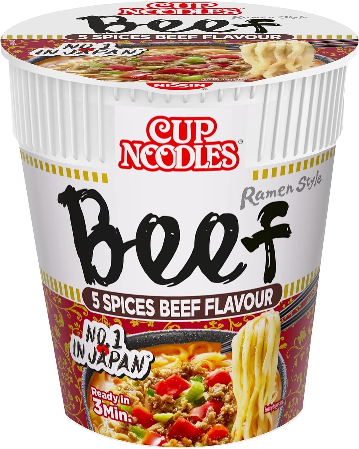 NISSIN Cup Noodles 5 Spices Beef Flavoured Instant Noodles, 64 g Pot Pack of 8
