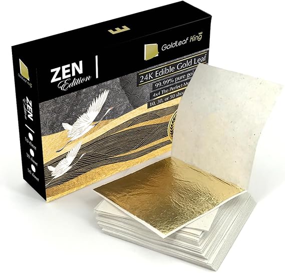 99.99% Pure Gold Edible Gold Leaf Sheet 24K GoldleafKing Zen Edition 10, 30, 50 Sheets Pack x 1.6 inches | 4x4cm The Perfect Medium Size (Zen Edition - 10 Sheet)
