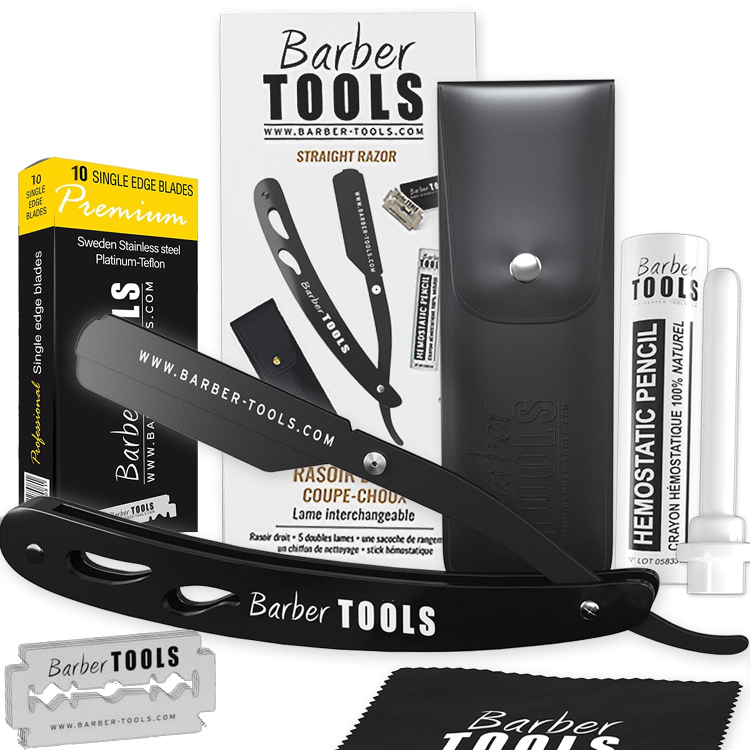 BARBER TOOLS Razor with Box and 5 Razor Blades  Polishing Cloth  Case