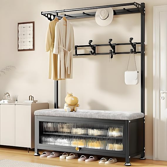 Hall Tree with Bench and Shoe Storage Sturdy Metal Entryway Organizer with Hooks & Shelves Freestanding Coat Rack with Shoe Bench for Hallway Bedroom Living Room Black 39.414.267.7 in