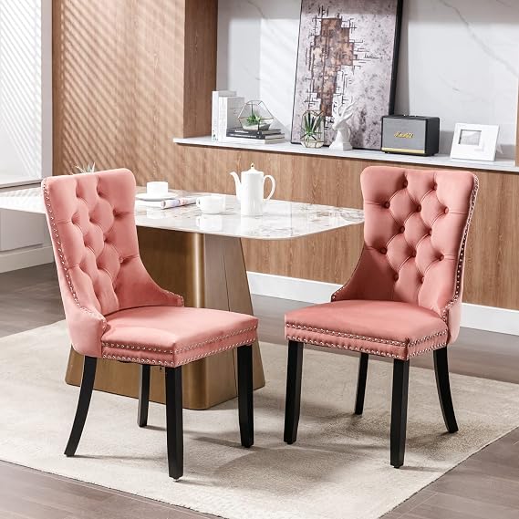 KEIKI Tufted Dining Room Chairs Set of 2, Velvet Kitchen Nailhead Trim Chairs with Solid Wood Legs and Padded Seat, Pink