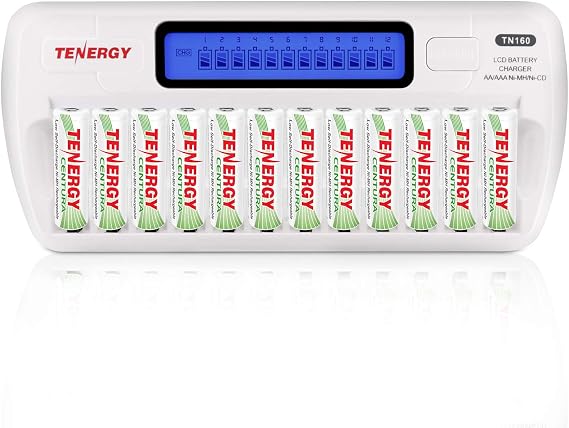 Tenergy 12 Pack Centura AA Rechargeable Batteries and TN160 12-Bay Smart Battery Charger, 12 Pack AA Low Self-Discharge Batteries and Charger for Remote Controllers, Toys, and More