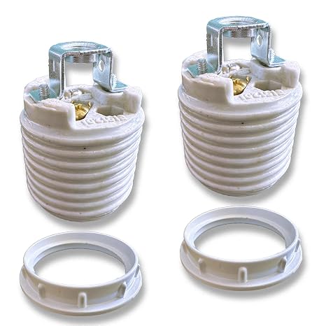 E26 Ceramic Threaded Light Socket with White Aluminum Shade Ring, UL Listed Medium Base Standard Screw-in Light Bulb Socket Replacement, Porcelain Lamp Holder for Halogen LED Bulb (2)
