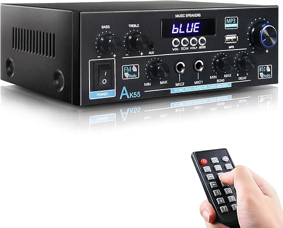 AK55 Stereo Amplifier Home Audio, Bluetooth 5.0 Max 600W Power Stereo Receivers 2.0 Channel Audio Amplifier for Speaker W/Remote Control/AUX/RCA/Echo/USB/2 MIC in for Home Party, Karaoke