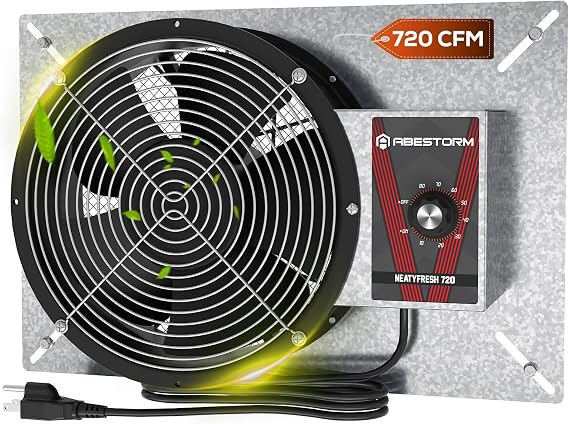 Abestorm 720CFM High Air Flow Crawlspace Ventilation Fan, IP55 Rated 10" Vent Fan with Humidistat Freeze Protection Thermostat for Crawl Space, Basement, Garage, Attic with Isolation Mesh