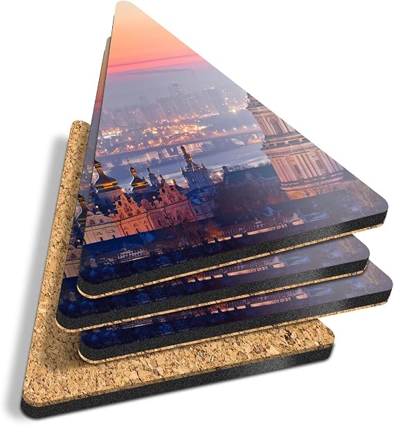 4 x Triangle Coasters - Kiev Ukraine Kyiv Sunset View Cork Backed MDF Glossy Tea Coffee Accessory #21759