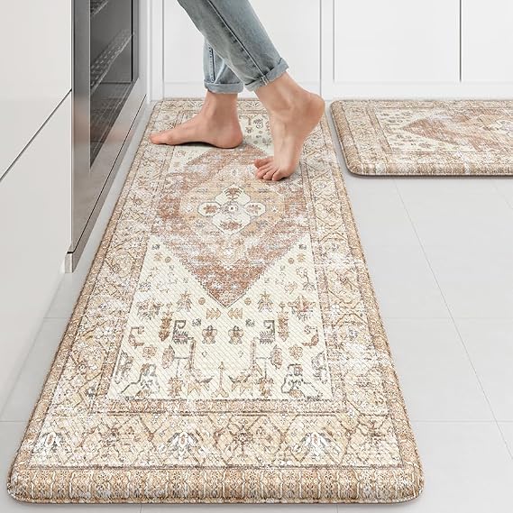 KIMODE Farmhouse Kitchen Mats Cushioned Anti Fatigue Khaki Kitchen Rugs 2Pc