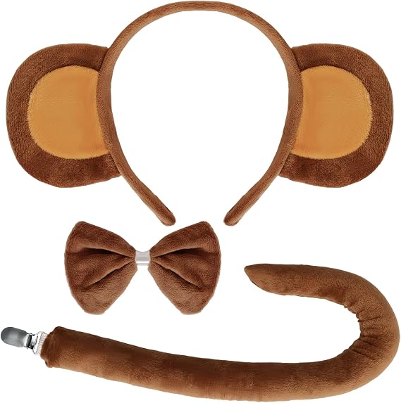 Gvhntk Monkey Ears and Tail Bow Tie for Adult Monkey Costume Headband Accessory Kit Women Halloween Cosplay Party Supplies
