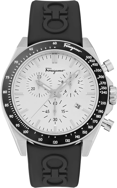 Ferragamo Urban Chrono Collection ラグジュアリー メンズ ウォッチ ウォッチ ブラックストラップ ステンレススチールケースとシルバーの文字盤