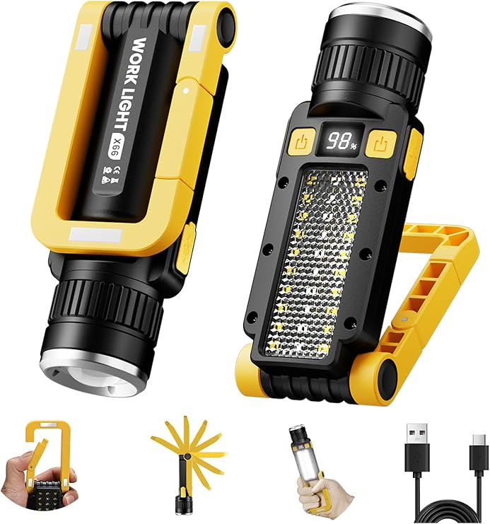 Rechargeable LED Work Light, Magnetic COB Flashlight with Hook & Clamp, 7 Modes Portable Work Lamp with Battery Display for Car Repair, Camping, Emergency