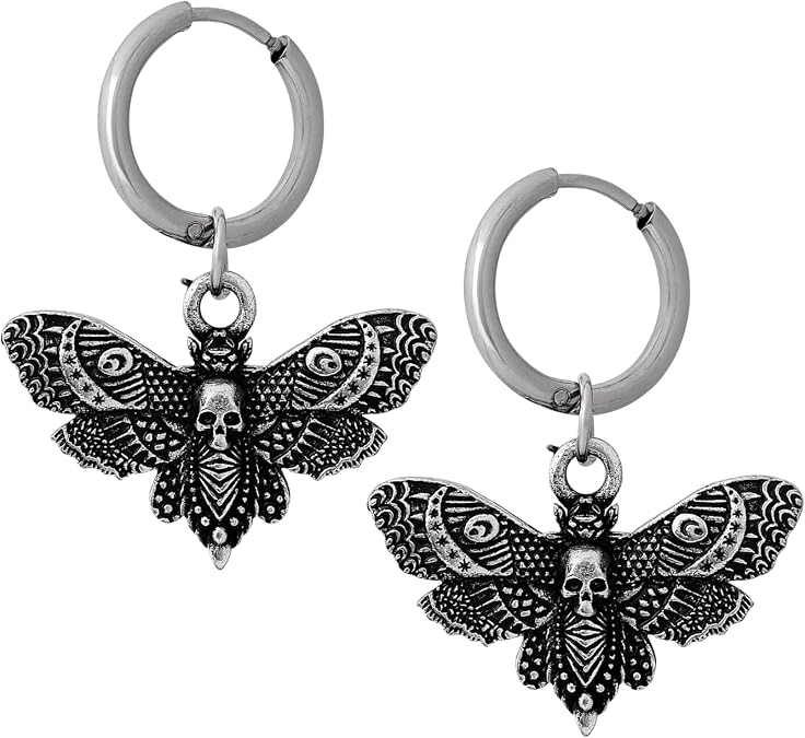 HAQUIL Deathhead Hawkmoth Skull Dangle Hoop Earrings, Gothic Jewelry Gift