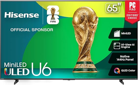 Hisense 65" Class U6 Series Mini-LED 4K UHD Smart Fire TV (65U65QF, 2025 Model) - QLED, Native 144Hz, HDR10+, Dolby Vision IQ, Dolby Atmos, Game Mode Pro, ALLM, Alexa Built in, Black